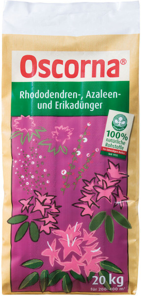 Produktbild von Oscorna Rhododendren-, Azaleen- und Erikaduenger 20kg mit Angaben zu Inhaltsstoffen und Anwendungsempfehlungen.