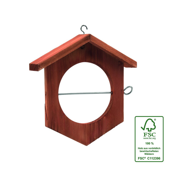 Produktbild der Gardigo Apfel-Futterstation FSC aus Holz mit runder Öffnung und Metallstange zum Aufhängen von Vogelfutter.