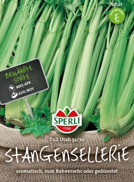 Produktbild von Sperli Stangensellerie Tall Utah 52/70 mit frischen Selleriestangen und Informationen zur bewährten Sorte, Aussaatzeit sowie Markenlogo.