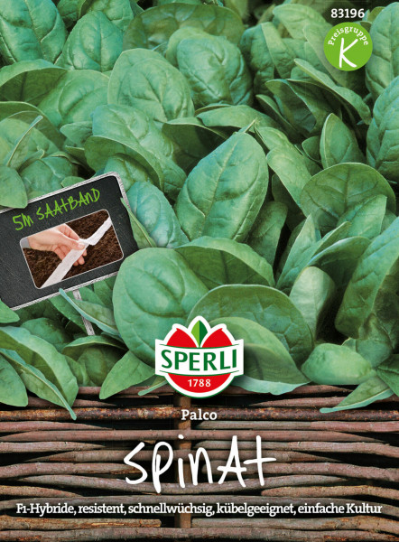 Produktbild von Sperli Spinat Palco F1 Saatband Verpackung mit frischem Spinat im Hintergrund und Informationen zu den Samen einschließlich einer Anleitung zur Anwendung des Saatbands.