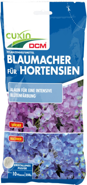 Produktbild von Cuxin DCM Blaumacher für Hortensien 250g mit Vorher-Nachher-Bildern der Blütenfarbänderung und Informationen über das kristalline Pulver.