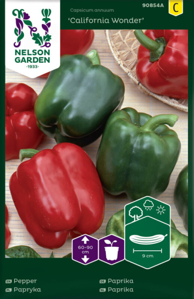 Produktbild von Nelson Garden Paprika California Wonder mit reifen roten und grünen Früchten und Informationen zu Pflanzeneigenschaften und Anbauhinweisen auf Deutsch und anderen Sprachen.