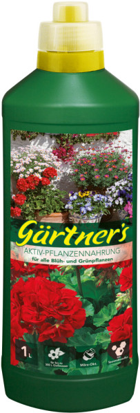 Produktbild von Gärtners Aktiv Pflanzennahrung für Blüh- und Grünpflanzen in einer 1l Flasche mit Dosieraufsatz und Angaben zur Anwendungsdauer von März bis Oktober.