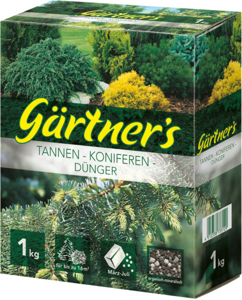 Produktbild von Gaertners Tannen-Koniferen-Duenger in einer 1kg Packung mit Abbildungen von Nadelbaeumen und Hinweisen zur Anwendungsdauer von Maerz bis Juli.