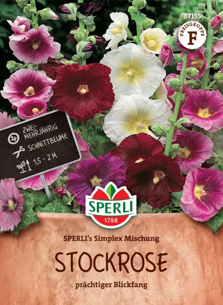 Produktbild von Sperli Stockrose SPERLIs Simplex Mischung mit blühenden Stockrosen in verschiedenen Farben und Verpackungsinformationen.