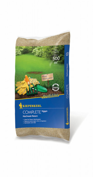 Produktbild von Kiepenkerl Profi-Line Complete Nachsaat-Rasen 10 kg Sack mit Kennzeichnungen für Ergiebigkeit und Hinweisen zur Anwendung für Rasenflächen