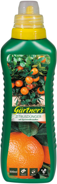 Produktbild von Gärtners Zitrusdünger in einer 500ml Flasche mit Dosierer und Abbildungen von Zitrusfrüchten auf dem Etikett