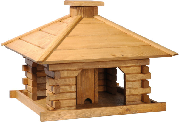 Produktbild von dobar Rustikales Futterhaus 45300 aus Holz mit mehrschichtigem Dach und offener Futterstelle.