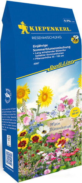 Produktbild von Kiepenkerl Blumenmischung Riesenmischung mit Darstellung der Blumenpracht und Informationen zum Produkt auf Deutsch.