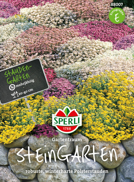 Produktbild von Sperli Blumenmischung Steingarten Gartentraum mit farbenfrohen Polsterstauden und Produktinformationen auf Deutsch.