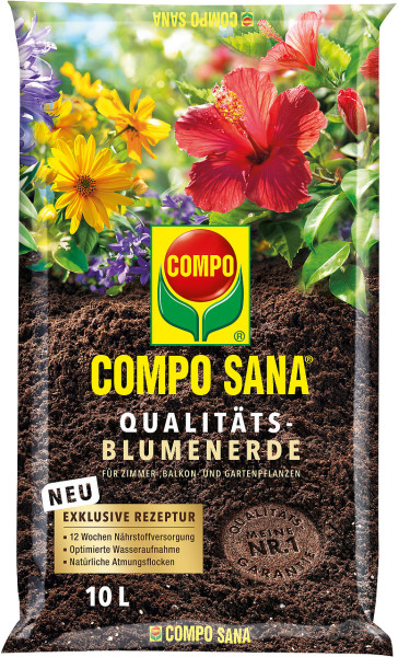 Produktbild der COMPO SANA Qualitäts-Blumenerde für Zimmer, Balkon- und Gartenpflanzen in einem 10 Liter Sack mit Hinweisen zu neuer Rezeptur, 12, Wochen Nährstoffversorgung und natürlichen Atmungsflocken.