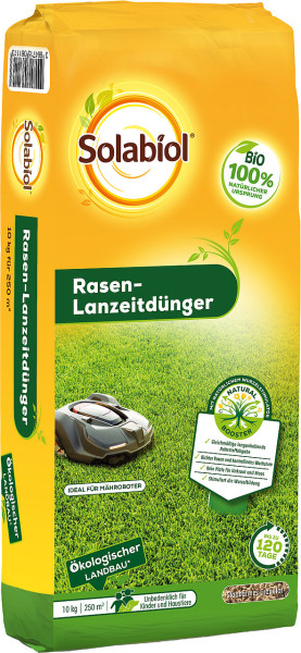 Produktbild des Solabiol Rasen-Langzeitdüngers in 10kg Verpackung mit Hinweisen auf Bio-Qualität, Rasenpflege und Sicherheitsinformationen.