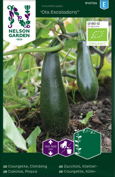 Produktbild von Nelson Garden BIO Zucchini Kletter-Ola Escaladora mit Darstellung der Pflanze und Früchte sowie Informationen zu Pflanzengroesse und Bio-Zertifizierung.