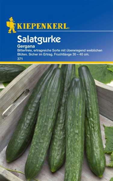 Produktbild der Kiepenkerl Salatgurke Gergana Verpackung mit Bildern von Gurken und Informationen zur bitterfreien, ertragreichen Sorte in deutscher Sprache.