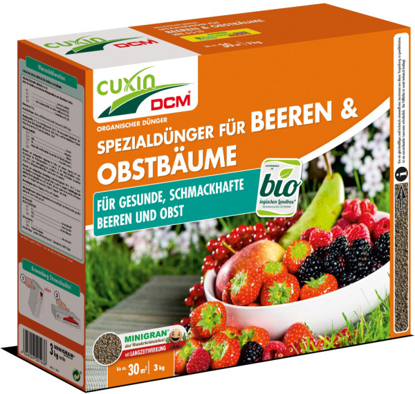 Produktbild von Cuxin DCM Spezialduenger fuer Beeren & Obstbaeume Minigran 3kg Streuschachtel mit Darstellung der Verpackung und Abbildung verschiedener Beeren und Fruechte.