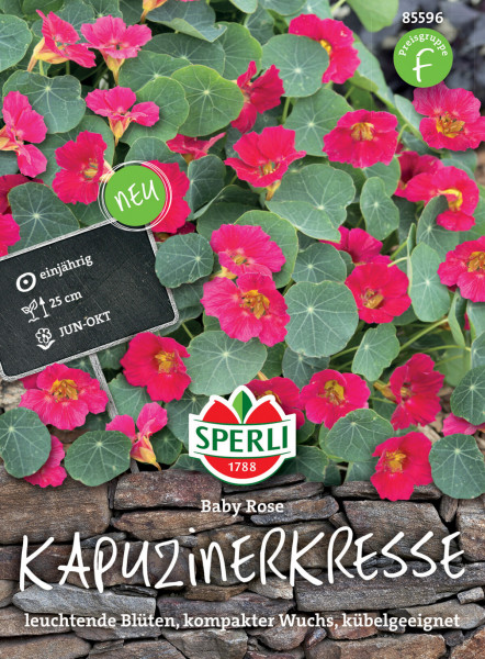 Produktbild von Sperli Kapuzinerkresse Baby Rose mit Darstellung der rosa Blüten und Hinweisen zu Eigenschaften wie einjährig kompakter Wuchs kubelgeeignet sowie dem SPERLI Logo und Preisgruppenhinweis.