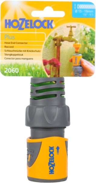 Produktbild der Hozelock Schlauchkupplung Plus 15 bis 19 mm in Verpackung mit sichtbarem Produkt und Anleitung zur Verwendung im Hintergrund.