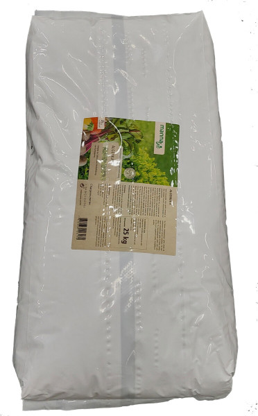 Produktbild des MANNA Bio Algenkalk in einer 25kg Verpackung mit Etikett mit Produktinformationen und Anwendungshinweisen.