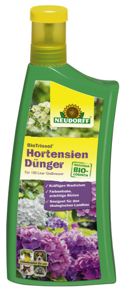Produktbild von Neudorff BioTrissol HortensienDünger in einer 1 Liter Flasche mit Informationen zu kräftigem Wachstum und ökologischem Landbau auf Deutsch.