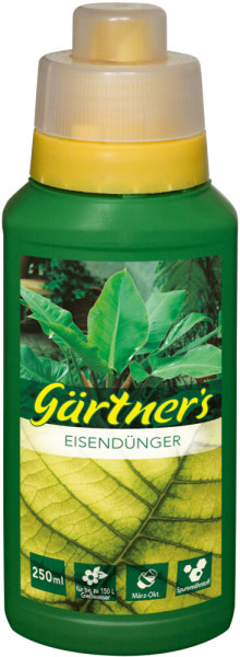 Produktbild von Gärtners Eisendünger flüssig in einer 250ml Flasche mit Dosierer und Produktinformationen auf dem Etikett.