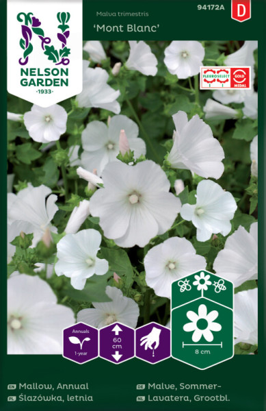 Produktbild von Nelson Garden Sommermalve Mont Blanc mit weißen Blüten und Verpackungsdesign, Wachstumsinformationen auf Deutsch, Englisch, Polnisch und Niederländisch.