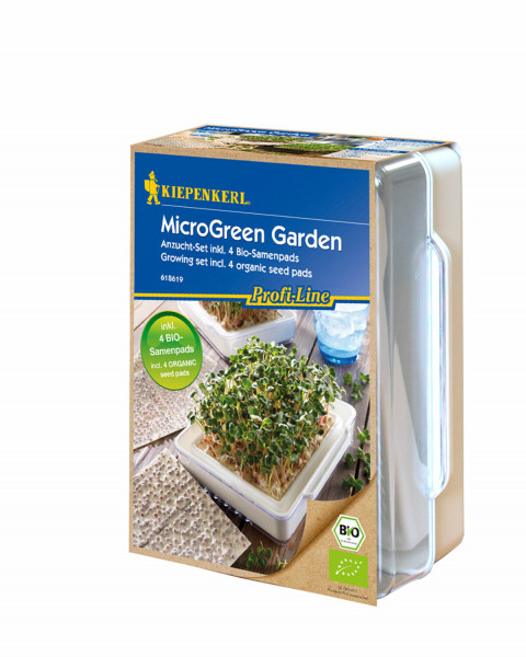Produktbild des Kiepenkerl BIO MicroGreen Garden Sets mit Anzuchtbehälter und Bio-Samenpads auf der Verpackung.