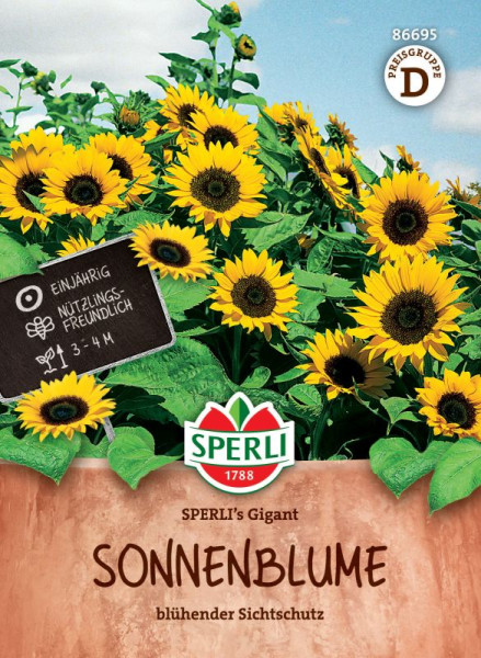 Produktbild von Sperli Sonnenblume SPERLIs Gigant mit blühenden Sonnenblumen im Hintergrund und Verpackungsdesign mit Produktname und Eigenschaften wie einjährig und nützlingsfreundlich auf Deutsch.