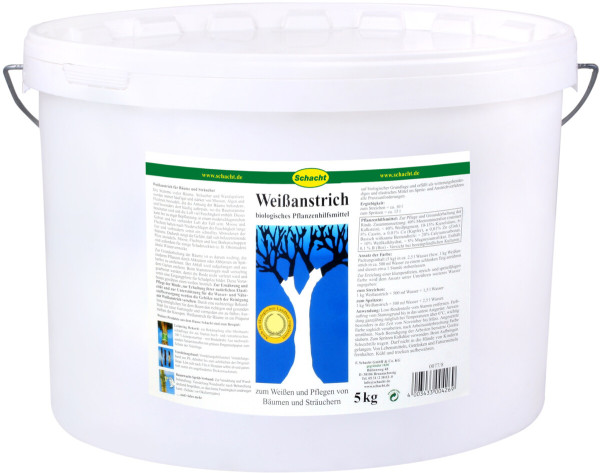 Produktbild von Schacht Weißanstrich für Obstbäume als Pulver in einem weißen 5kg Eimer mit Etiketten, die Anwendungshinweise und Produktinformationen enthalten.