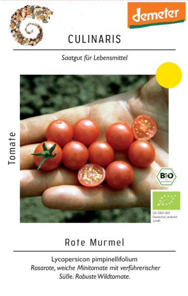 Produktbild von Culinaris BIO Wildtomate Rote Murmel Verpackung mit Bildern von roten Kirschtomaten auf einer Hand sowie Produktinformationen und Demeter-Logo in deutscher Sprache.