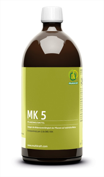 Produktbild von Multikraft MK 5 Pflanzenhilfsmittel in einer 1-Liter-Flasche mit Etikettierung und Markenlogo.