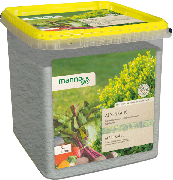 Produktbild von MANNA Bio Algenkalk in einer 5kg Verpackung mit gelbem Deckel und Informationen zur Anwendung und Eignung für Pflanzen in deutscher Sprache.