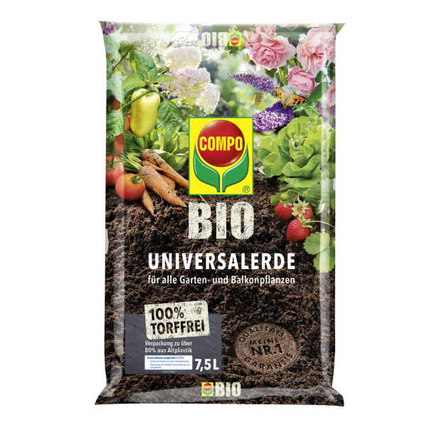 Produktbild von COMPO BIO Universal-Erde torffrei 7, 5, l mit verschiedenen Garten- und Balkonpflanzen im Hintergrund und Hinweisen auf 100 Prozent Torffreiheit sowie Umweltaspekten der Verpackung.