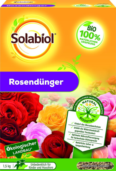 Produktbild von Solabiol Rosendünger in einer 1, 5, Kilogramm Packung mit verschiedenen Rosen, Hinweisen zur ökologischen Landwirtschaft, Natürlichkeit und Sicherheit für Kinder und Haustiere.