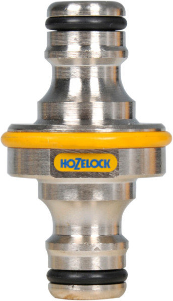Produktbild einer Hozelock Doppelkupplung Metall Pro mit Markenlogo auf gelbem Hintergrund und sichtbaren Kupplungsansätzen
