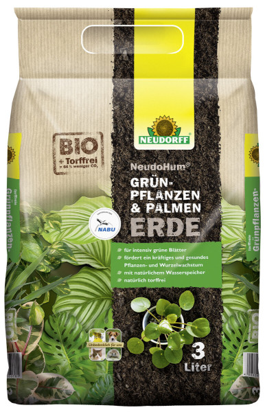 Produktbild von Neudorff NeudoHum Grünpflanzen- und PalmenErde in einer 3-Liter-Verpackung mit Hinweisen zu torffreier Zusammensetzung und Umweltverträglichkeit sowie Angaben zur Förderung von Pflanzenwachstum.