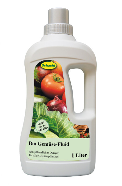 Produktbild von Schacht Bio-Gemüse-Fluid in einer 1-Liter-Flasche mit Abbildungen von Gemüse und der Angabe rein pflanzlicher Dünger für alle Gemüsepflanzen