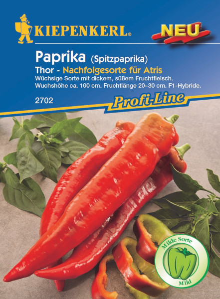 Produktbild von Kiepenkerl Spitzpaprika Thor F1 mit der Aufschrift Neu und ProfiLine sowie Angaben zu Eigenschaften und Fruchtlaenge auf einem Steinuntergrund mit Paprikaschoten und Blaettern
