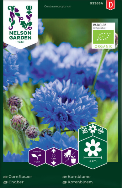 Produktbild von Nelson Garden BIO Kornblume mit blühenden Pflanzen, Packungsdetails und Icons für Pflanzanleitung, Bio-Label und Pflanzeninformationen in deutscher und anderen Sprachen.