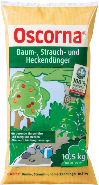 Produktbild von Oscorna-Baum-, Strauch- und Heckenduenger 10, 5, kg mit Illustrationen von Baeumen und Sträuchern, Hinweisen zur Anwendung und Markenlogo.