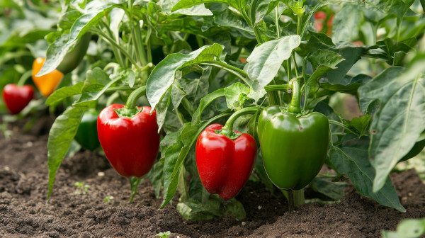 large-vibrant-red-and-green-bell-peppers-growing-in-a-garden