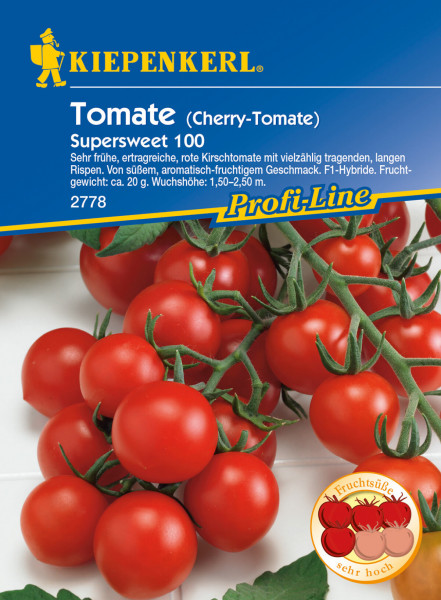 Produktbild von Kiepenkerl Cherry-Tomate Supersweet 100 F1 mit reifen roten Tomaten an der Pflanze und Verpackungsdesign das Produktinformationen in deutscher Sprache zeigt