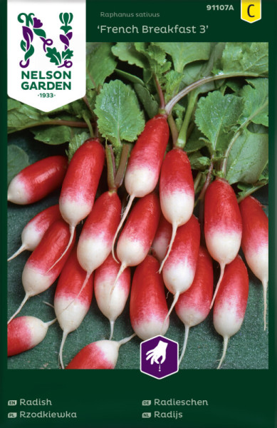 Produktbild von Nelson Garden Radieschen French Breakfast 3 Samenpaket mit Abbildung der roten und weißen Radieschen vor grünen Blättern und mehrsprachigen Produktinformationen.