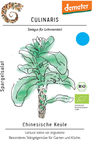 Produktbild von Culinaris BIO Spargelsalat Chinesische Keule mit Zeichnung der Pflanze und Siegel für biologischen Anbau in deutschsprachiger Beschriftung.