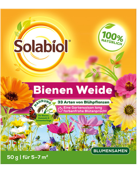 Produktbild von Solabiol Bienen Weide 50g Verpackung mit der Darstellung verschiedener Blüten, Hinweis auf 33 Blühpflanzenarten und Informationen für eine ganze Gartensaison sowie der Bemerkung 100 Prozent natürlich.