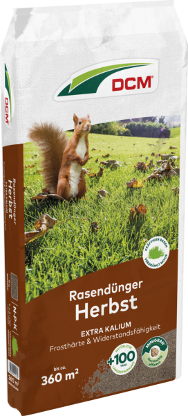 Produktbild von Cuxin DCM Rasendünger Herbst Minigran 18kg Packung mit Hinweisen auf dunkelgrünen Rasen in Herbst und Winter, Anwendungsfläche und Langzeitwirkung.