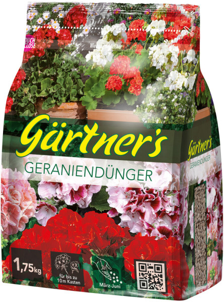 Produktbild von Gaertners Geranienduenger in einer 1, 75, kg Verpackung mit verschiedenen Geranienarten und Angaben zu Gewicht, Anwendungszeitraum sowie einem QR-Code.