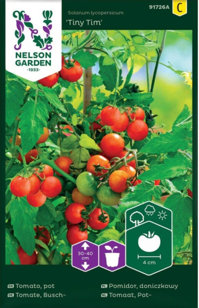 Produktbild von Nelson Garden Kirschtomate Tiny Tim mit reifen Tomaten an der Pflanze und Informationen zur Pflanzenpflege in verschiedenen Sprachen.