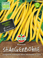 Produktbild von Sperli Stangenbohne Neckargold mit gelben Bohnen und Informationen zu Sorte und Anbau auf Deutsch.