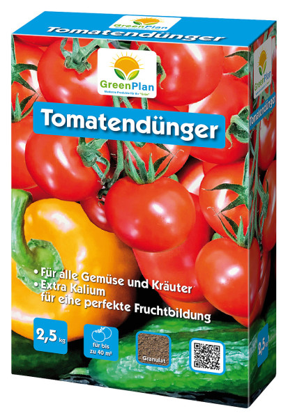 Produktbild von GreenPlan GP Tomatendünger in einer 2, 5, kg Box mit Abbildungen von Tomaten, Angaben zu geeigneten Pflanzen und dem Hinweis auf extra Kalium für perfekte Fruchtbildung.