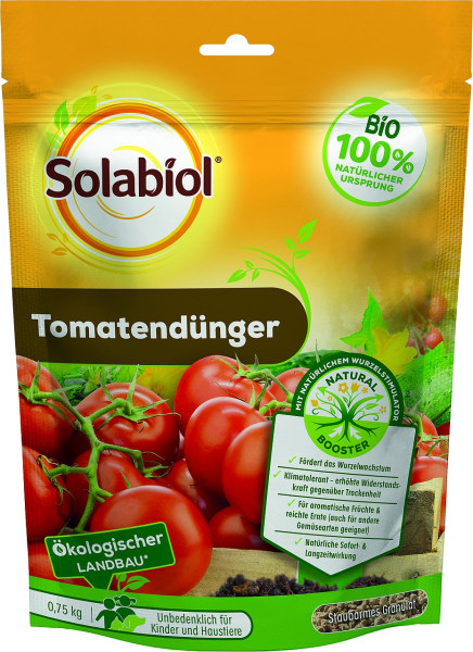 Produktbild von Solabiol Tomatendünger 750g mit der Kennzeichnung Bio 100 Prozent natürlicher Ursprung und Hinweisen auf ökologischen Landbau sowie Unbedenklichkeit für Kinder und Haustiere.